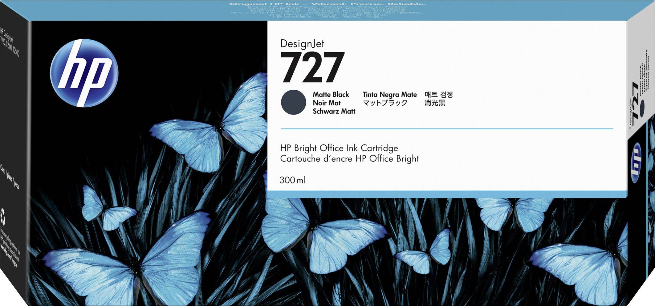 HP inktcartridge 727 voor DesignJet, matzwart, 300 ml. Verpakking toont blauwe vlinders op een zwarte achtergrond.
