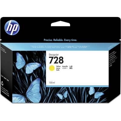 De verpakking van een HP 728 Gele inktcartridge met een blauw vlindermotief. Tekst: 'Precies. Betrouwbaar. Elke keer.'