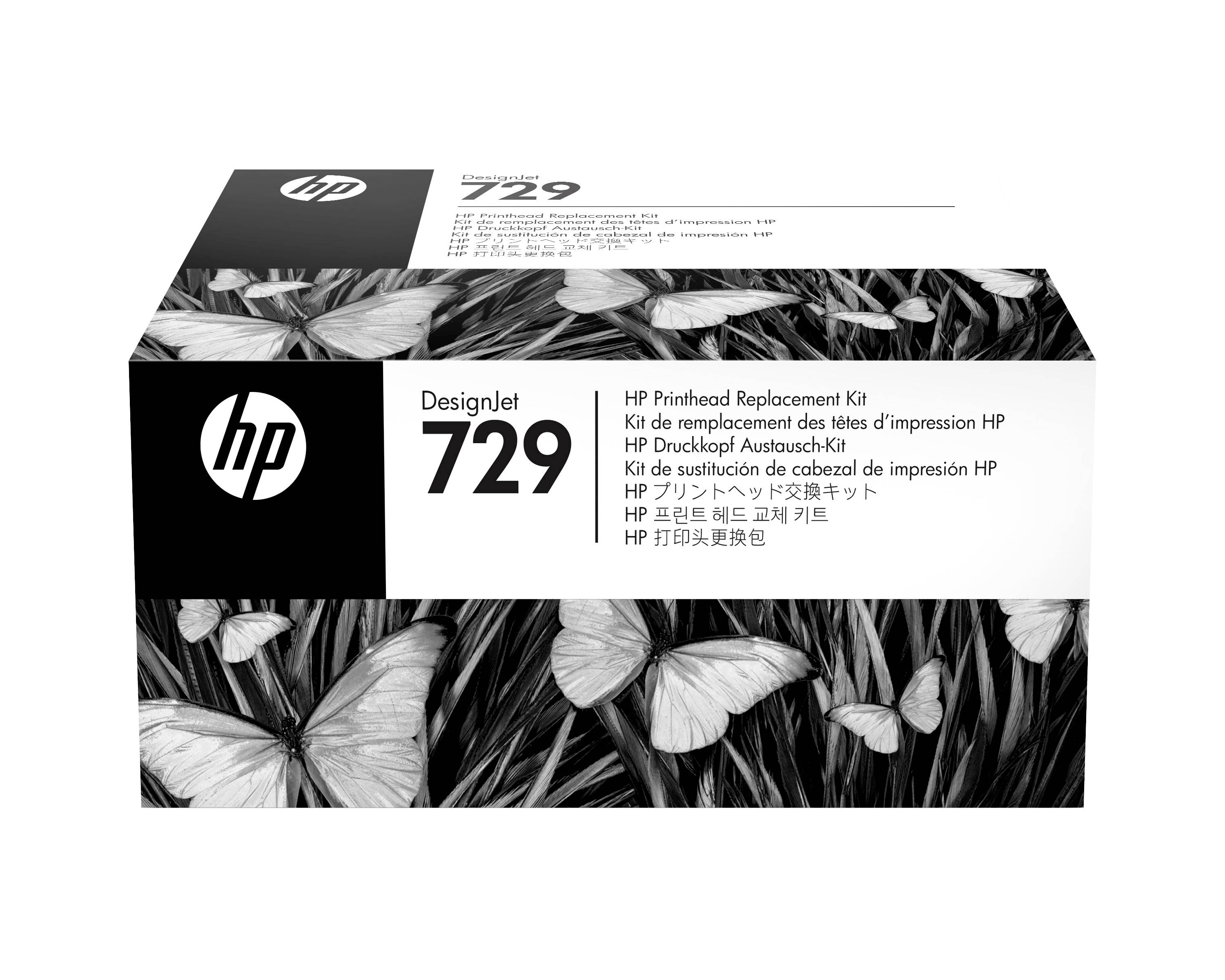 HP DesignJet 729-vervangingsprintkopkit in doos met vlinder-en-gras verpakkingsontwerp en meertalige productnaamtekst.