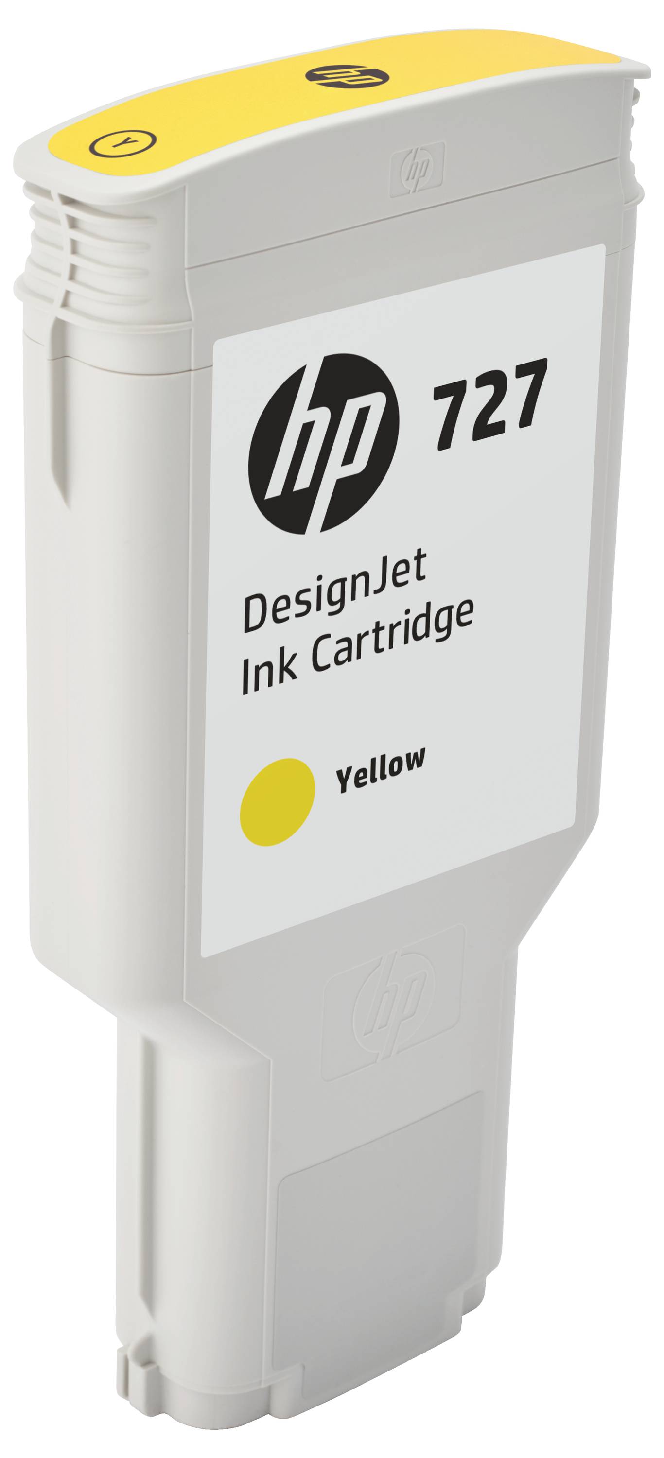 HP 727 DesignJet gele inktcartridge weergegeven rechtop op een witte achtergrond.