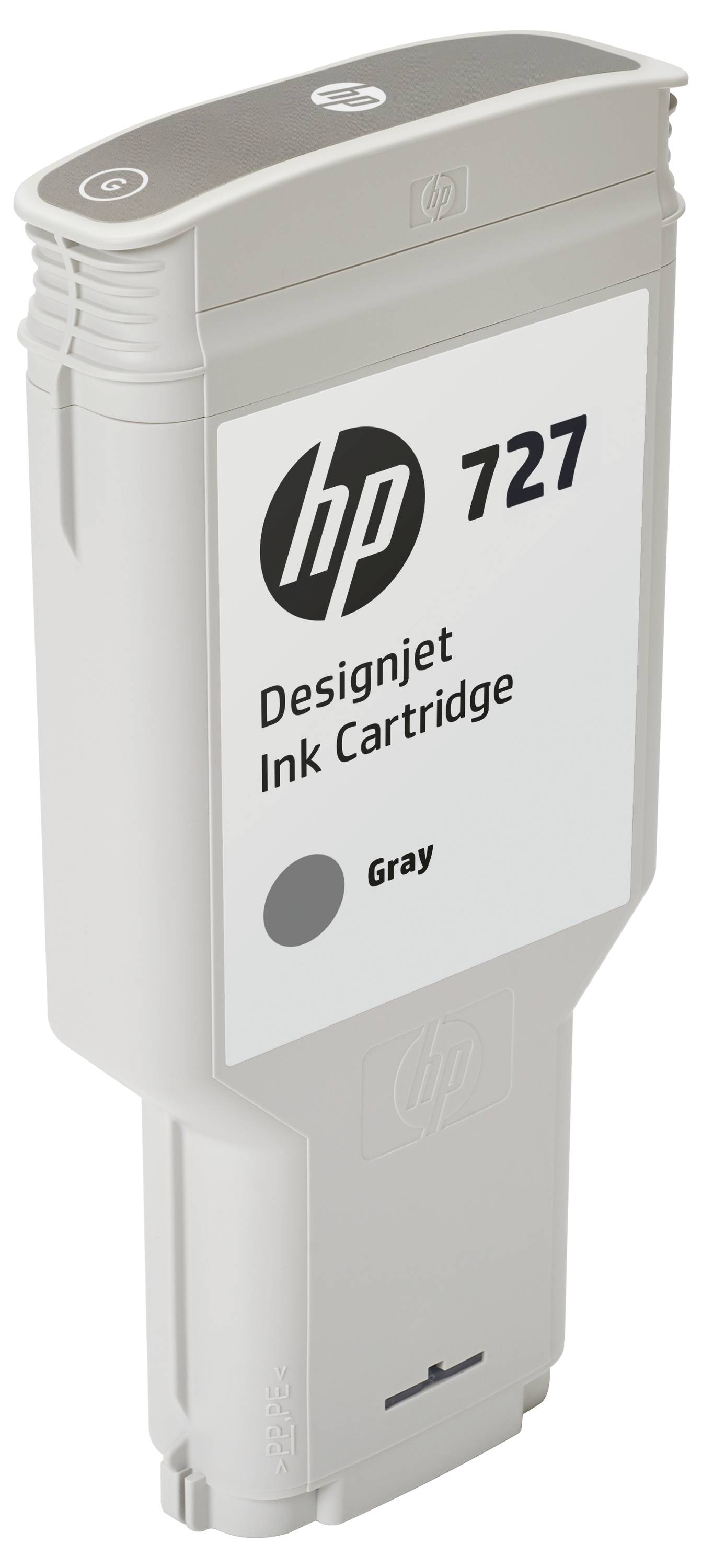 HP 727 DesignJet grijze inktpatroon rechtopgesteld in een wit en grijs kunststof behuizing.