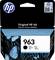 HP inktcartridge verpakking, Model 963, Zwart. Blauwe vlinders in het ontwerp. Slogan: 'Levendig. Precies. Betrouwbaar.'