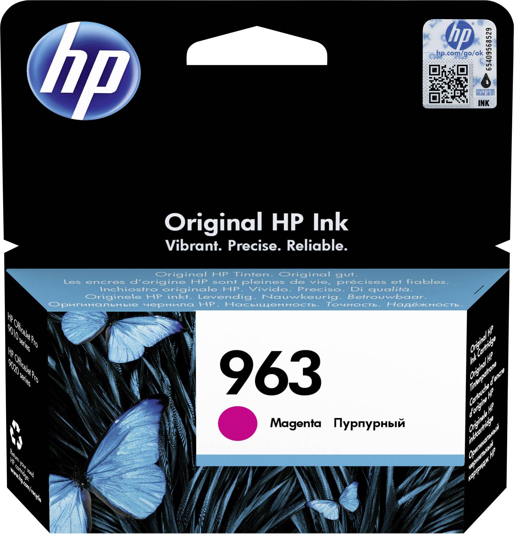 HP-inktpatroon 963 in Magenta. Verpakking met blauw vlindermotief en HP-logo. Tekst: 'Originele HP-inkt: Levendig. Precies. Betrouwbaar.'
