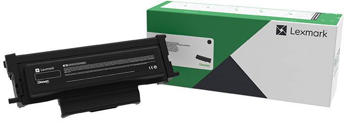 Lexmark printer tonercartridge en verpakking. De verpakking heeft groene en witte elementen met het Lexmark-logo.