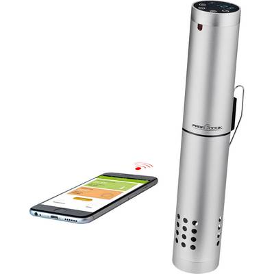 Een zilveren sous-vide apparaat naast een smartphone met een geopende app die de temperatuur en kooktijd draadloos bestuurt.