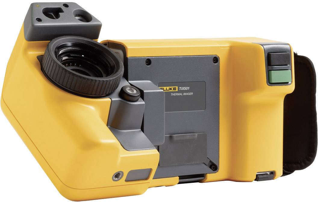 Een gele, handgehouden warmtebeeldcamera met lens, display en bedieningselementen, hoofdzakelijk gebruikt voor temperatuurmeting.