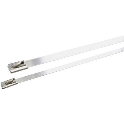 Twee zilveren metalen kabelbinders met sluitingen van gestanst metaal, naast elkaar liggend op een witte achtergrond.