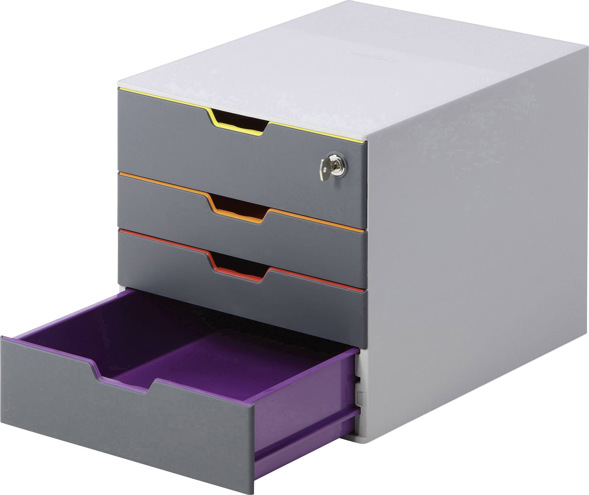 Een grijze kantoorladenkast met vier kleurgecodeerde laden, waarvan de bovenste afsluitbaar is en de onderste open.