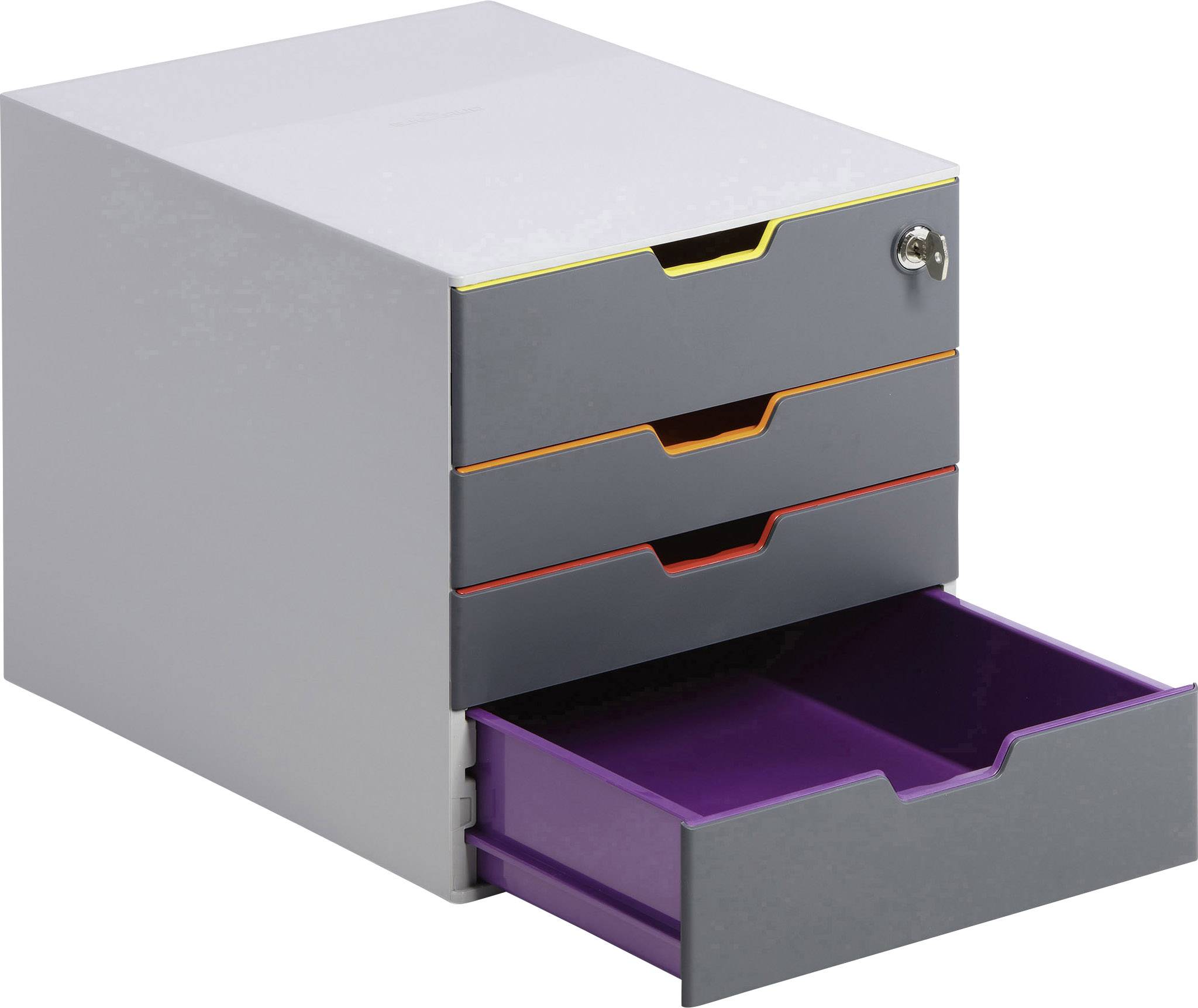 Kleine grijze ladenkast met vier vakken, waarbij de onderste lade open is en een paarse binnenkant heeft.
