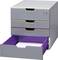 Grijze ladenblok met vier laden, waarvan drie gesloten. De onderste lade is open en paars, bevat witte papieren.