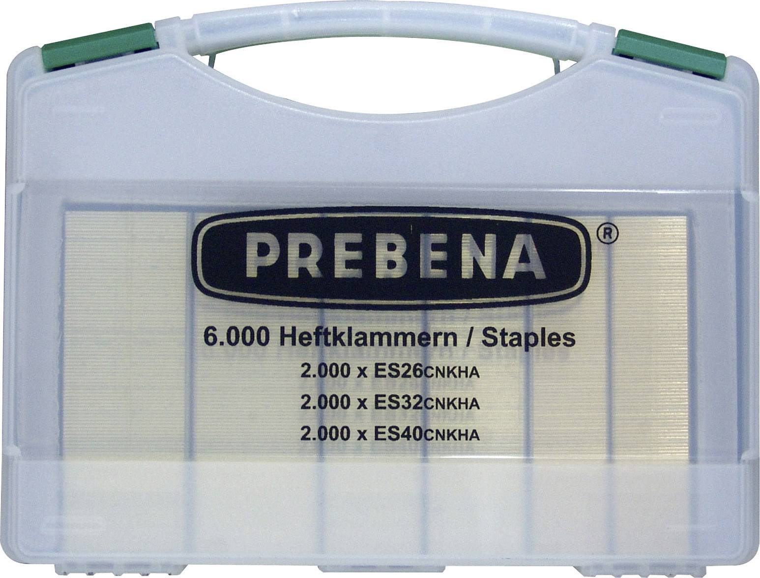 Transparante plastic doos met "PREBENA" logo, bevat 6.000 nietjes in drie formaten: ES26, ES32, ES40.