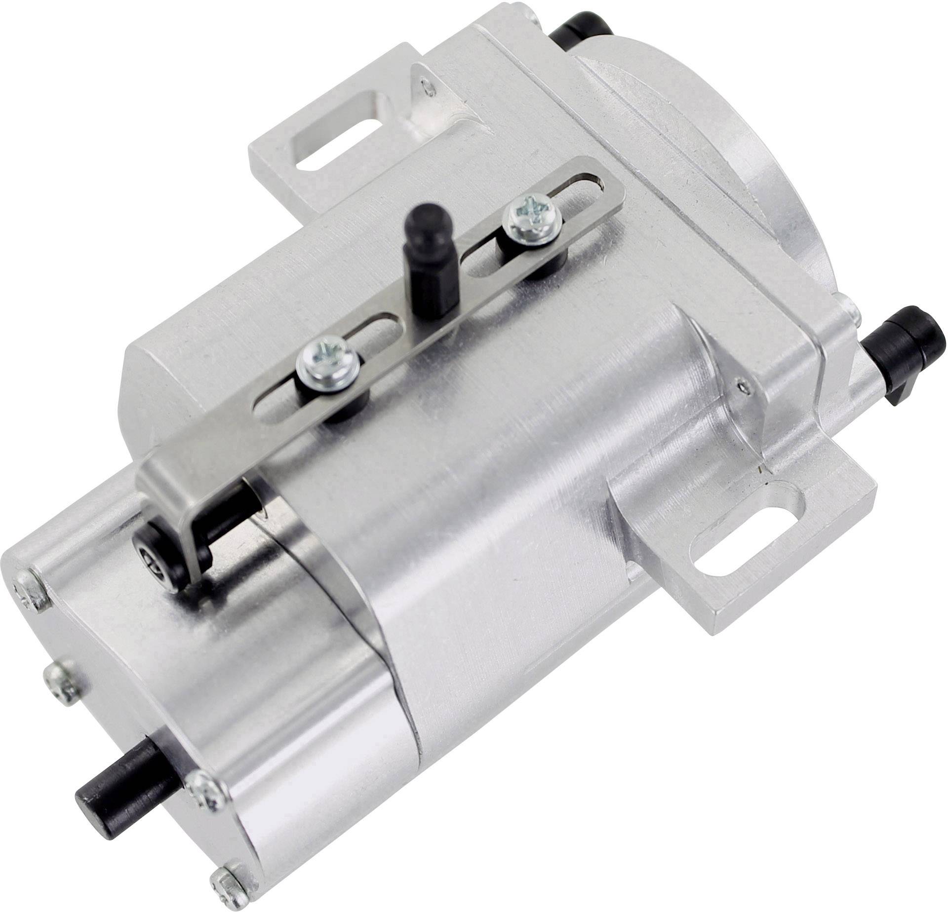 Een zilveren metalen motor met cilinders en schroeven. Functionele onderdelen zijn zichtbaar, maar geen merk of specifieke toepassing herkenbaar.