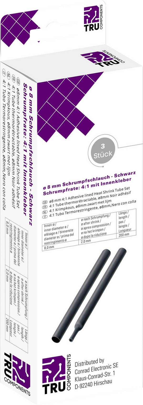 TRU COMPONENTS T1904CA043 Krimpkous met lijm Zwart 8 mm 2 mm Krimpverhouding:4:1 3 stuk(s)