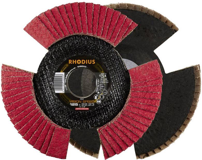 'RHODIUS' slijpschijf met rood schuurpapier, geopend met vier segmenten. Ontworpen voor efficiënt slijpen en lange levensduur.