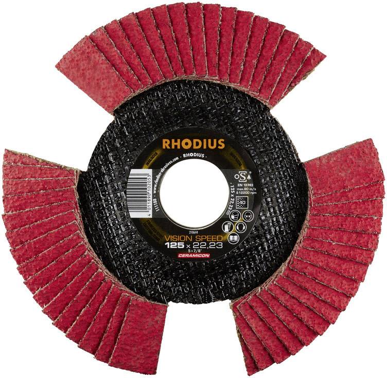 De afbeelding toont een rood-zwarte RHODIUS slijpschijf met de opdruk 'VISION SPEED 125 x 22,23' in het midden.