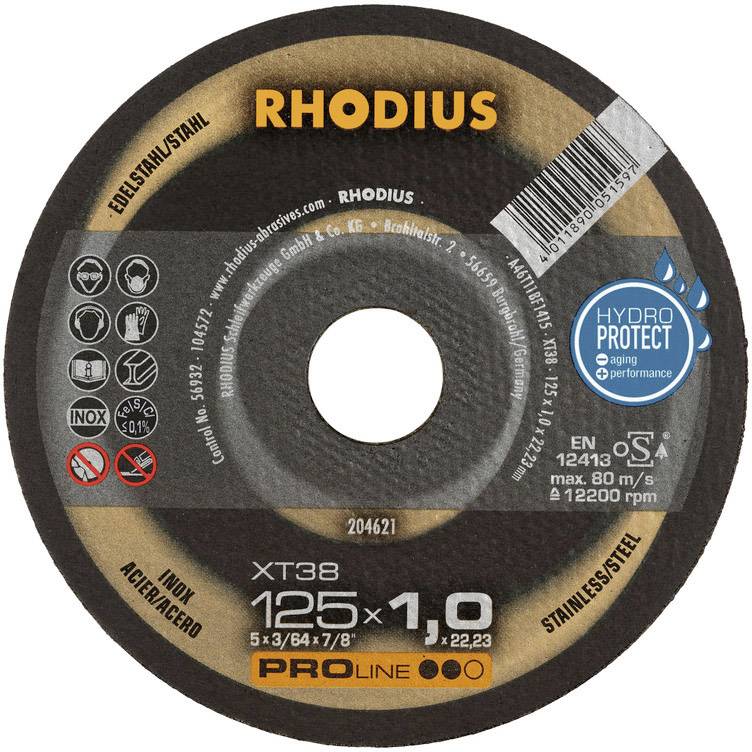 'RHODIUS Doorslijpschijf' voor roestvrij staal, 125 mm, toerental: maximaal 12.200 t/min, dikte: 1,0 mm, met HydroProtect-technologie.