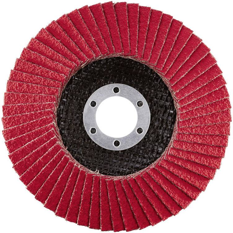 Een rood-zwarte slijpschijf met meerdere radiaal gerangschikte, overlappende segmenten, die wordt gebruikt voor materiaalbewerking.