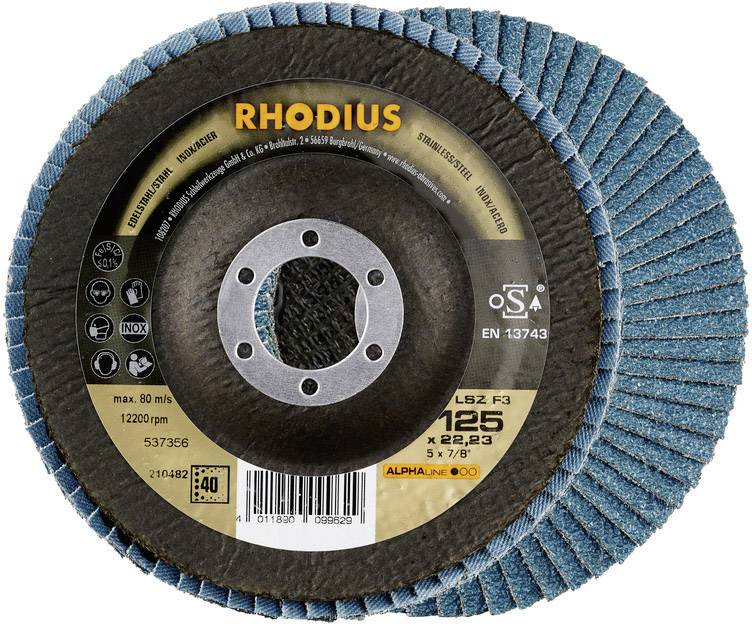 Een blauwe slijpschijf van Rhodius met een zwart en geel etiket. Bevat technische details zoals diameter en maximale toerental.