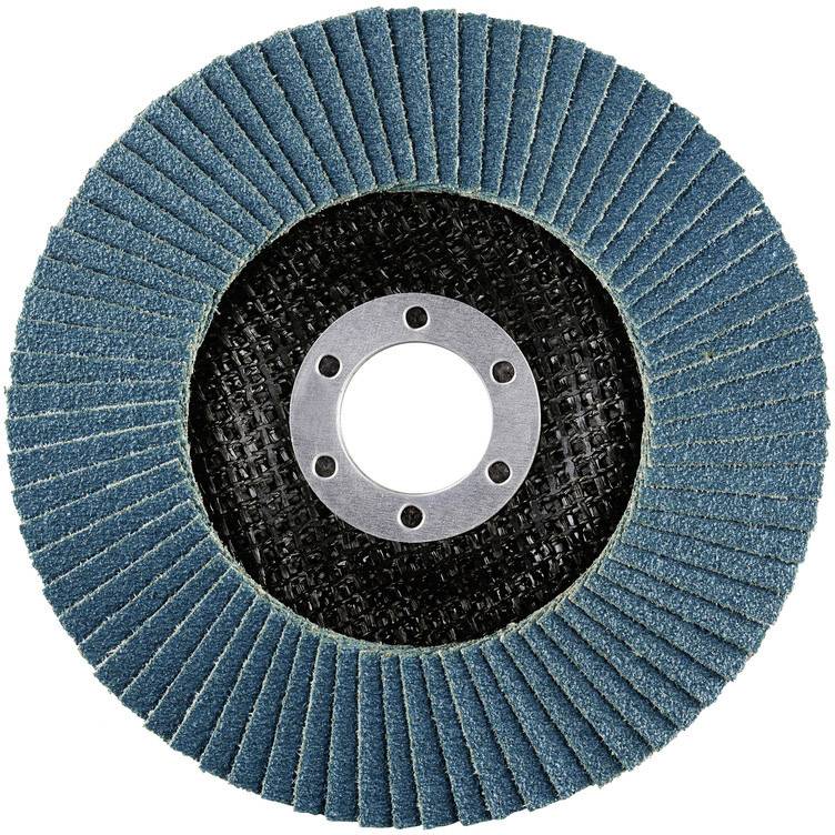 Slijpschijf met radiaal gerangschikte blauwe slijplamellen en een centraal gat, tegen een witte achtergrond.