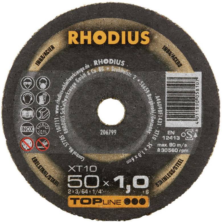 Slijpschijf met opschrift 'RHODIUS XT10', afmetingen 50 x 1,0 mm. Omgevingspictogrammen voor veiligheid, maximale snelheid 80 m/s.