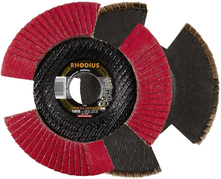 Slijpschijf voor haakse slijper met opvallende rode en zwarte segmenten, merk 'Rhodius', diameter 125 mm.