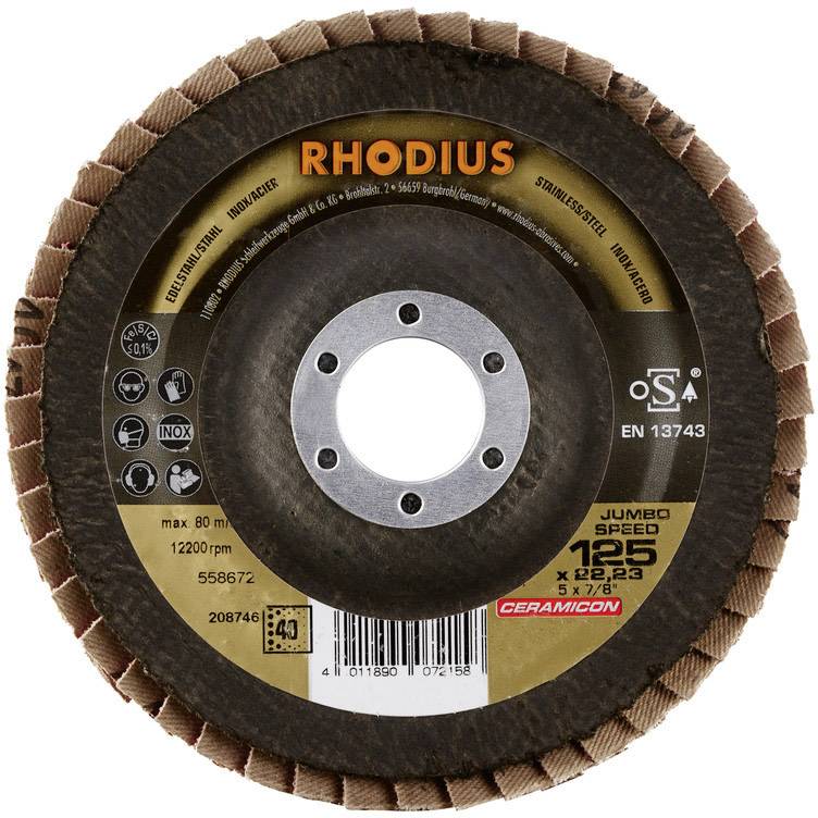 'Oppervlakte slijpschijf Rhodius; max. 80 m/s; 12200 RPM; 125 x 22,23; Art. 208746' met symbolen voor compatibele materialen.