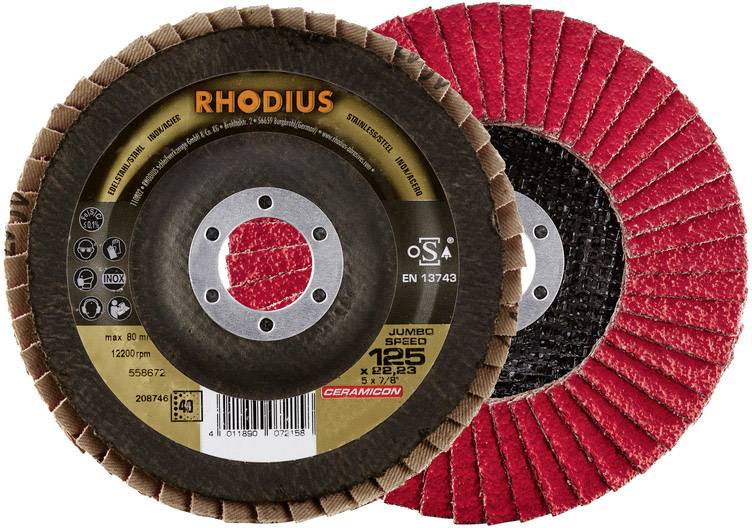 Twee slijpschijven van Rhodius. De linker schijf toont technische details, de rechter schijf laat de rode slijpoppervlakte zien.