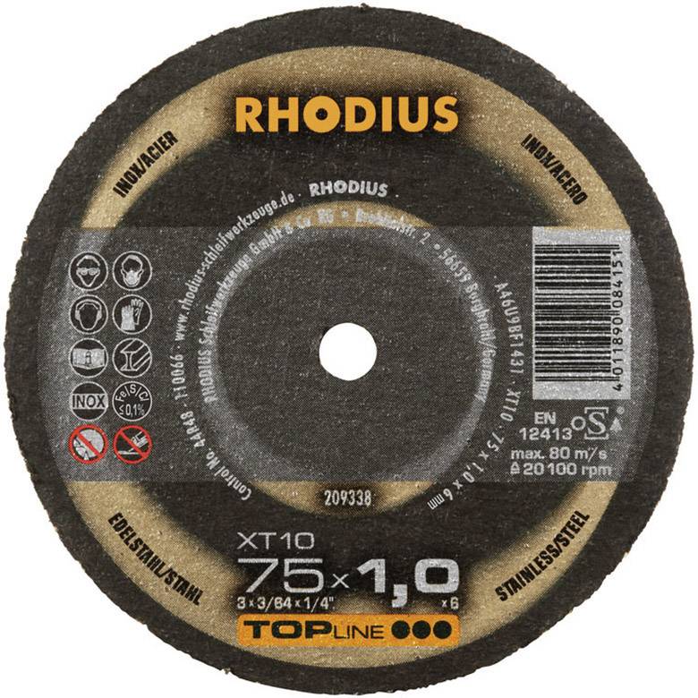 'RHODIUS Doorslijpschijf' voor roestvrij staal/staal, Model XT10, Diameter 75x1,0 mm, Max. 80 m/s bij 20.100 tpm conform EN 12413.