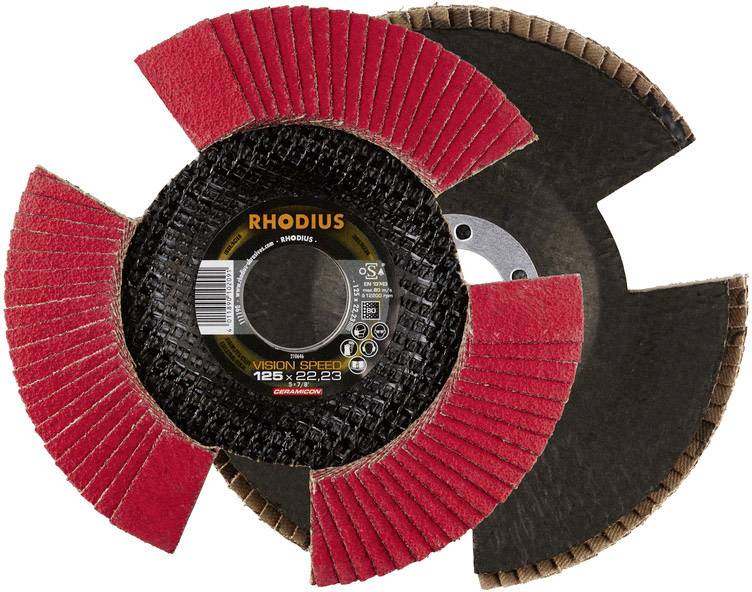 Twee slijpschijven overlappen elkaar: een met rood schuurpapier, de andere van zwart materiaal met een 'RHODIUS' etiket.
