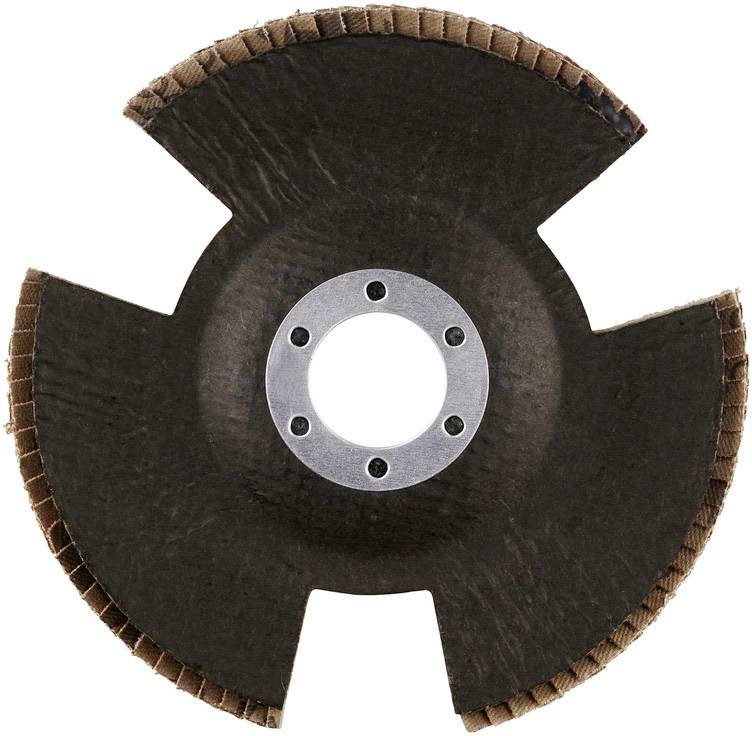 Slijpschijf met drie gelijkmatige inkepingen aan de rand. In het midden bevindt zich een metalen ring met meerdere gaten voor bevestiging.