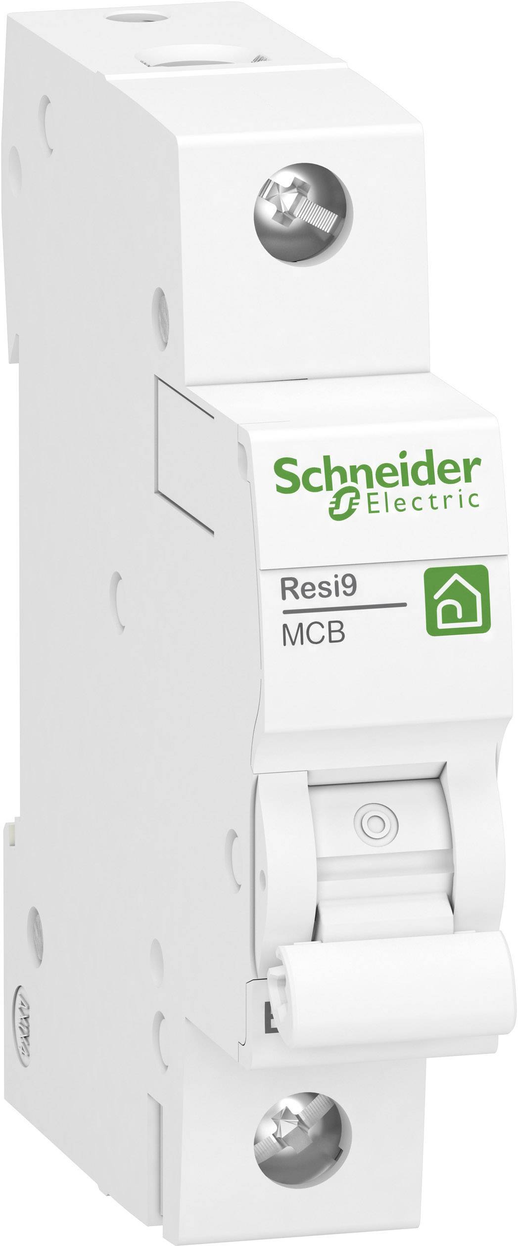 Een elektrische beveiligingsschakelaar van Schneider Electric met de aanduiding 'Resi9 MCB', in een wit behuizing.