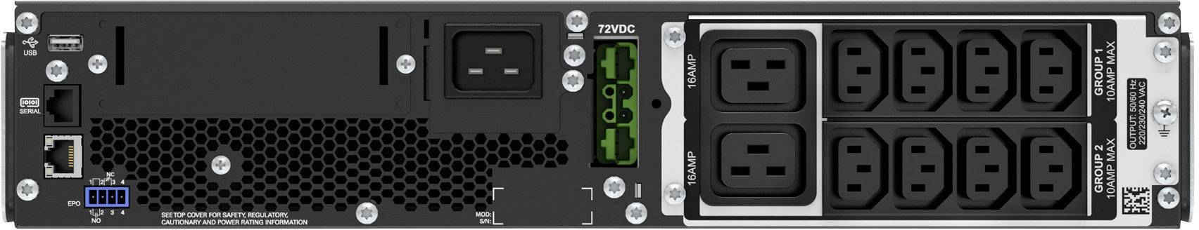 Achterkant van een elektrisch apparaat met meerdere stopcontacten en aansluitingen; bevat Ethernet-poort, schakelaar en ventilatierooster.