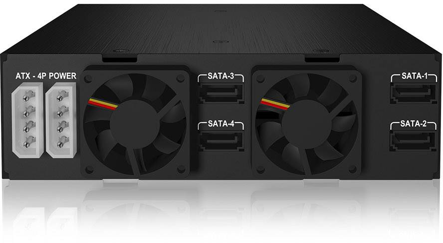 Zwart technisch apparaat met twee ventilatoren, meerdere SATA-aansluitingen en een ATX-4P-voeding aan de voorkant.