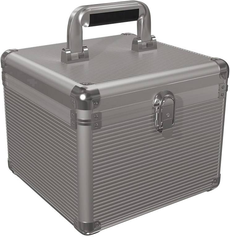 'Compactere, zilveren, metalen koffer met handvat en kliksluiting, ideaal voor het veilig vervoeren van voorwerpen.'