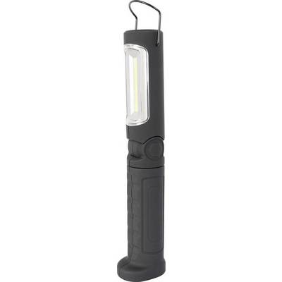 Zwarte zaklamp met rechthoekige, transparante lichtkop, zijdelingse schakelaar en metalen ophanghaak.
