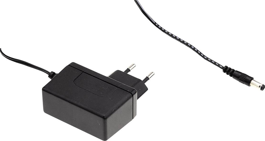 Zwart voedingsadapter met EU-stekker. Dun kabel eindigt in een cilindrische aansluiting. Geschikt voor het opladen van elektronische apparaten.