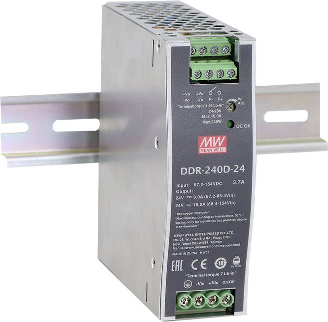 Een 24V DIN-rail voedingsmodule van MEAN WELL. Model DDR-240D-24. LED-indicatoren voor werking en DC-OK.