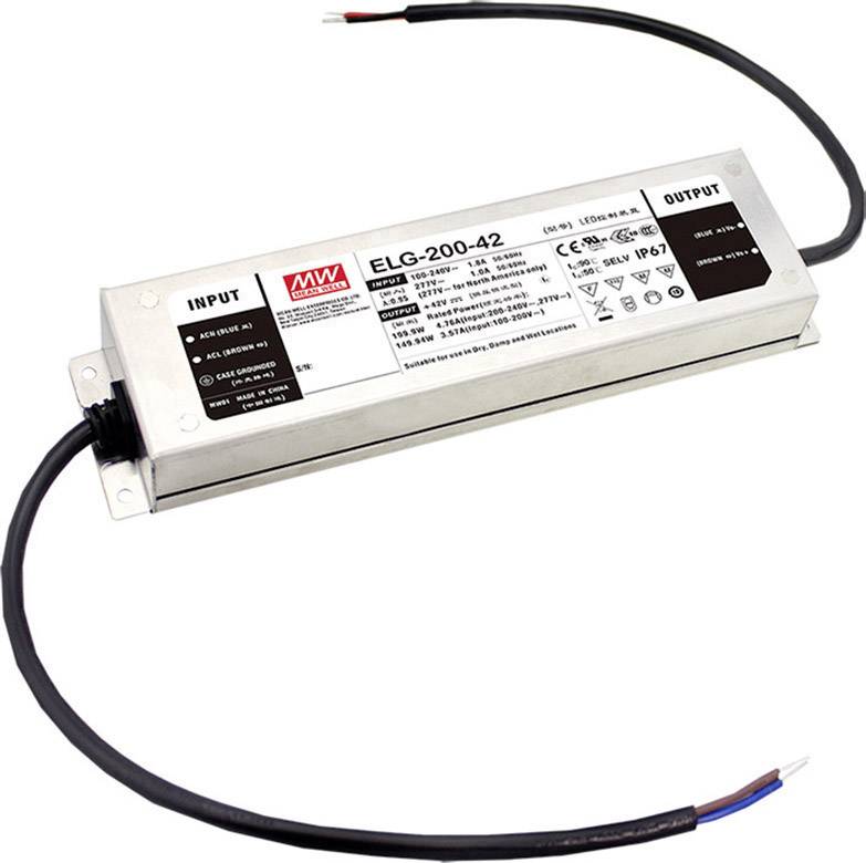 Een rechthoekige voeding van het merk Mean Well met labels en kabelaansluitingen voor input en output. Geschikt voor LED-toepassingen.