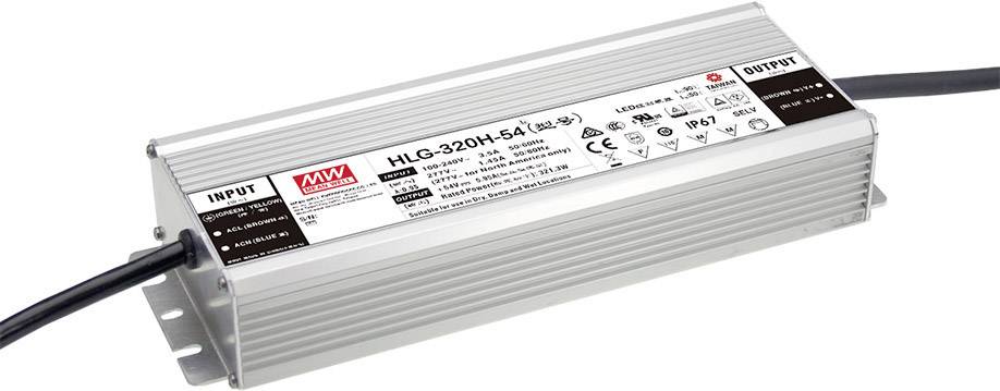 LED-driver van Mean Well, model HLG-320H-54. Aluminium behuizing met input- en outputkabels. Wordt gebruikt voor de stroomvoorziening van LED's.