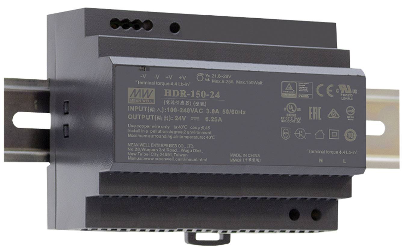 Zwart-grijs voedingsapparaat gemonteerd op DIN-rail. Opdruk verstrekt informatie over model, ingang 100-240V AC, uitgang 24V DC, 6,25A.