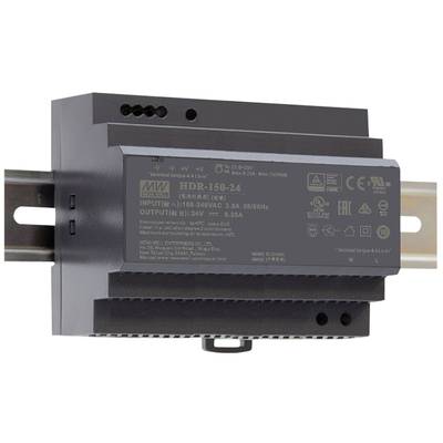 Zwart-grijs voedingsapparaat gemonteerd op DIN-rail. Opdruk verstrekt informatie over model, ingang 100-240V AC, uitgang 24V DC, 6,25A.