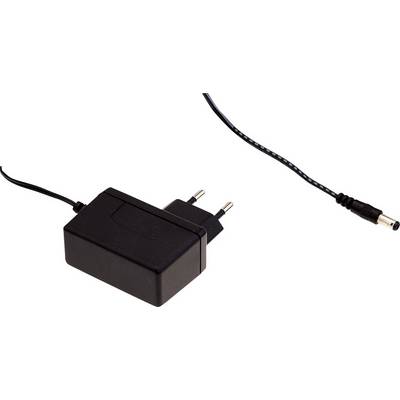 Zwart netsnoer met Europese stekker en een lang snoer met een ronde gelijkstroomaansluiting. Geschikt voor elektronische apparaten.