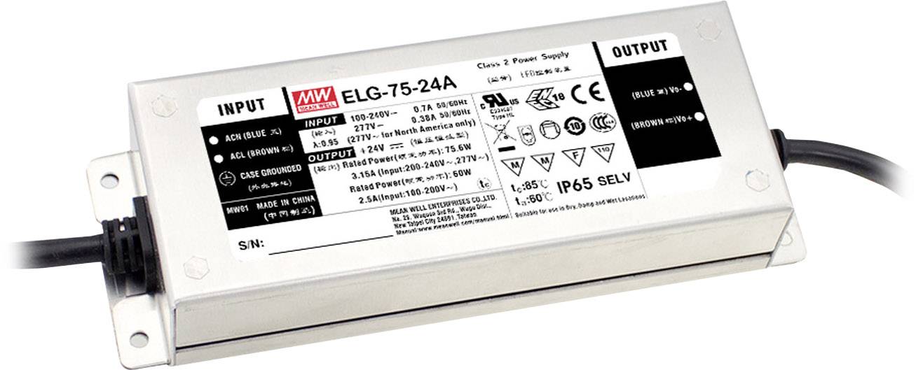 Voeding met productaanduidingen en veiligheidssymbolen. Modelingang: 100-240V, uitgang: 24V, 3,13A, 75W, waterdicht IP65.