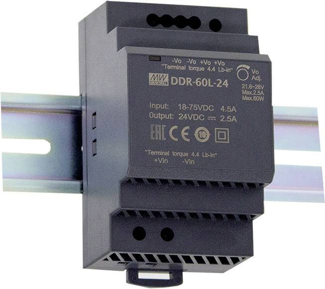 Een zwart DIN-railvoedingsapparaat met modelnummer DDR-60L-24. Het heeft ingangs- en uitgangsspecificaties op de voorkant.