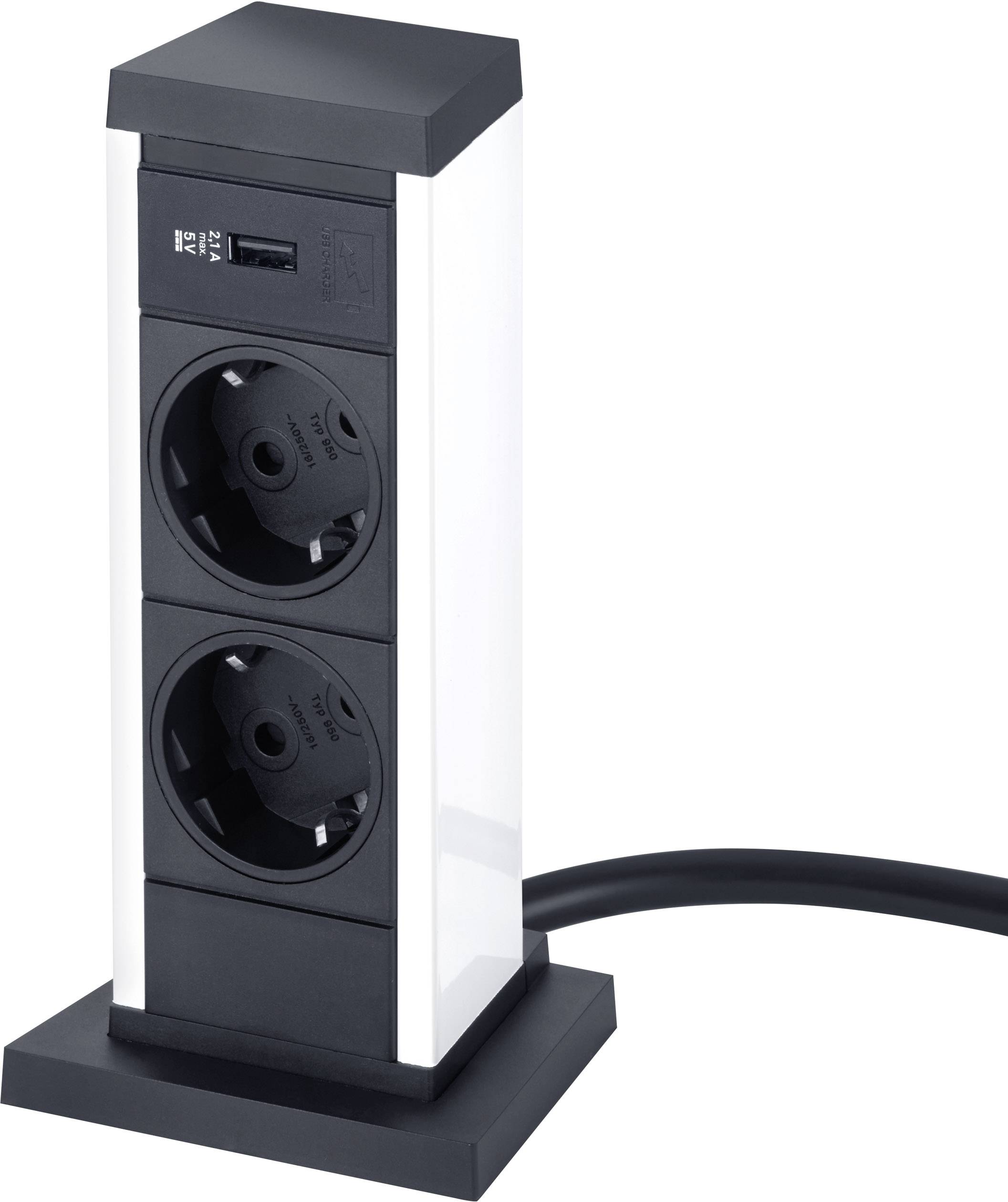 Tweevoudige stekkerdoos met USB-poorten, rechtop staand en verbonden met een kabel. Ideaal voor kantoren of woonruimtes.