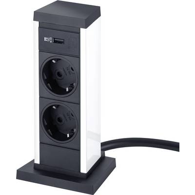 Tweevoudige stekkerdoos met USB-poorten, rechtop staand en verbonden met een kabel. Ideaal voor kantoren of woonruimtes.