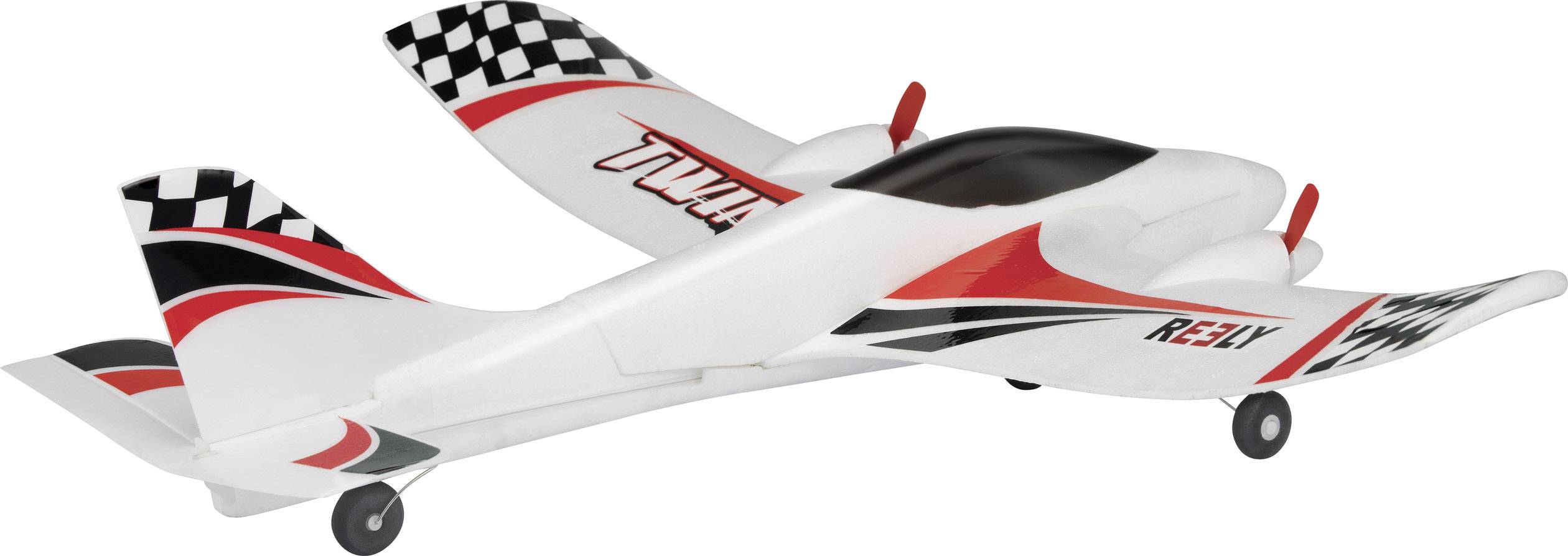 Een modelvliegtuig met rood-zwarte versieringen en de tekst 'Rexy' aan de zijkant staat op kleine wieltjes.