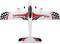 Afstandsbediend modelvliegtuig in het wit met rode en zwarte patronen, opschrift 'TWINS' op de vleugels. Bovenaanzicht.