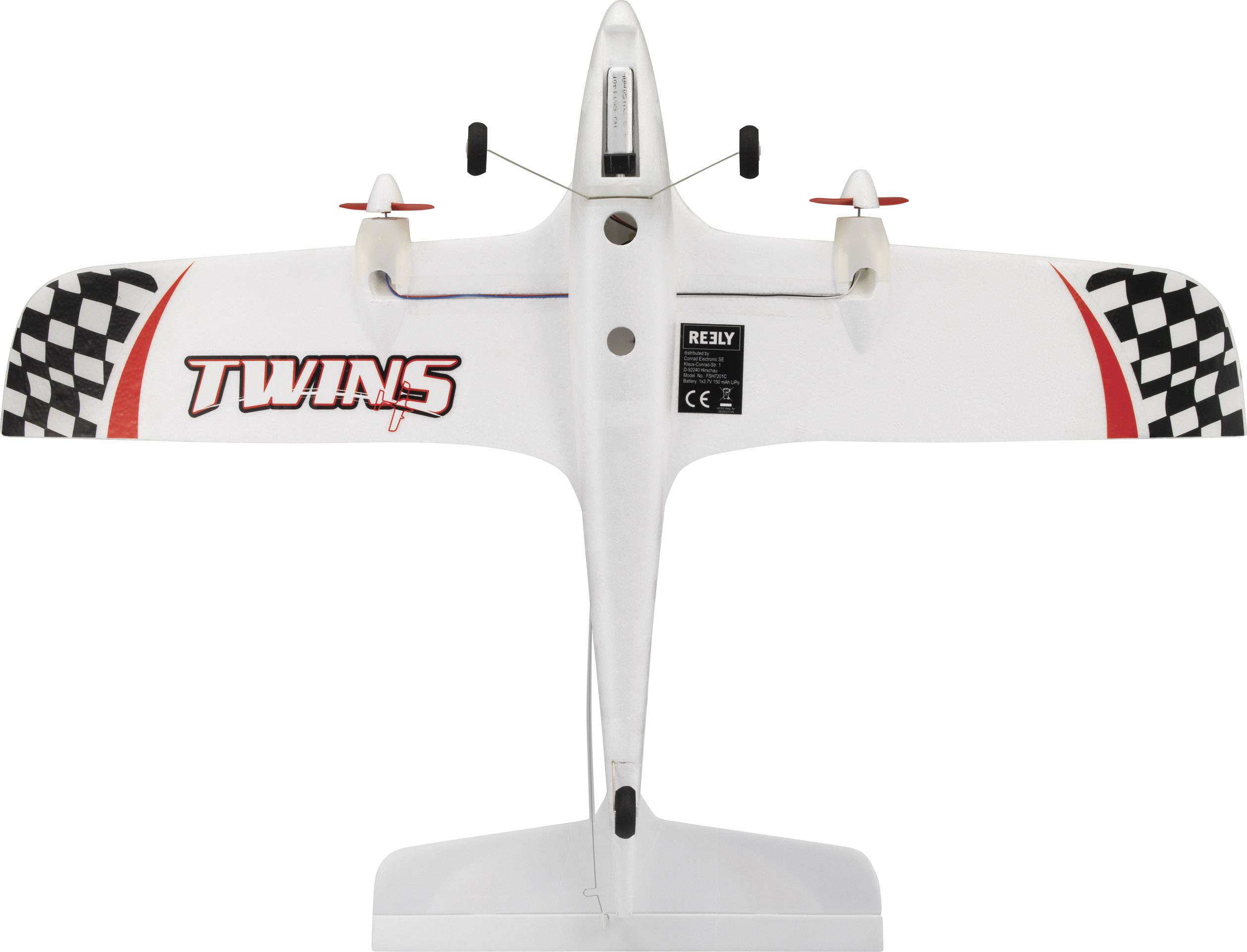 Een wit modeltvliegtuig met de tekst 'TWINS' op de vleugels, rode propellers en zwart-wit geblokte patronen aan de vleugelpunten.