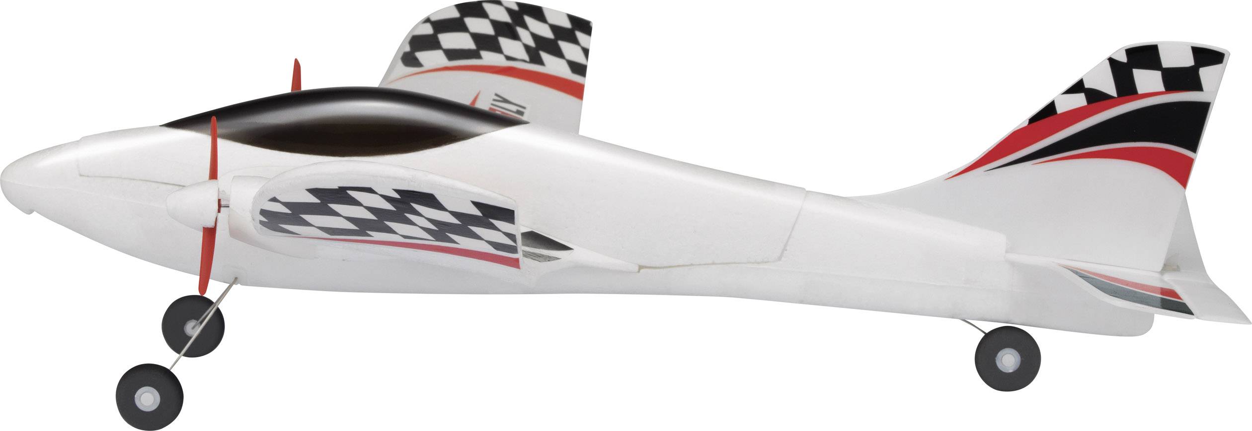 Een modelvliegtuig met roterende propellers, een opvallend zwart-wit geruit patroon en rode accenten op de vleugels en de romp.